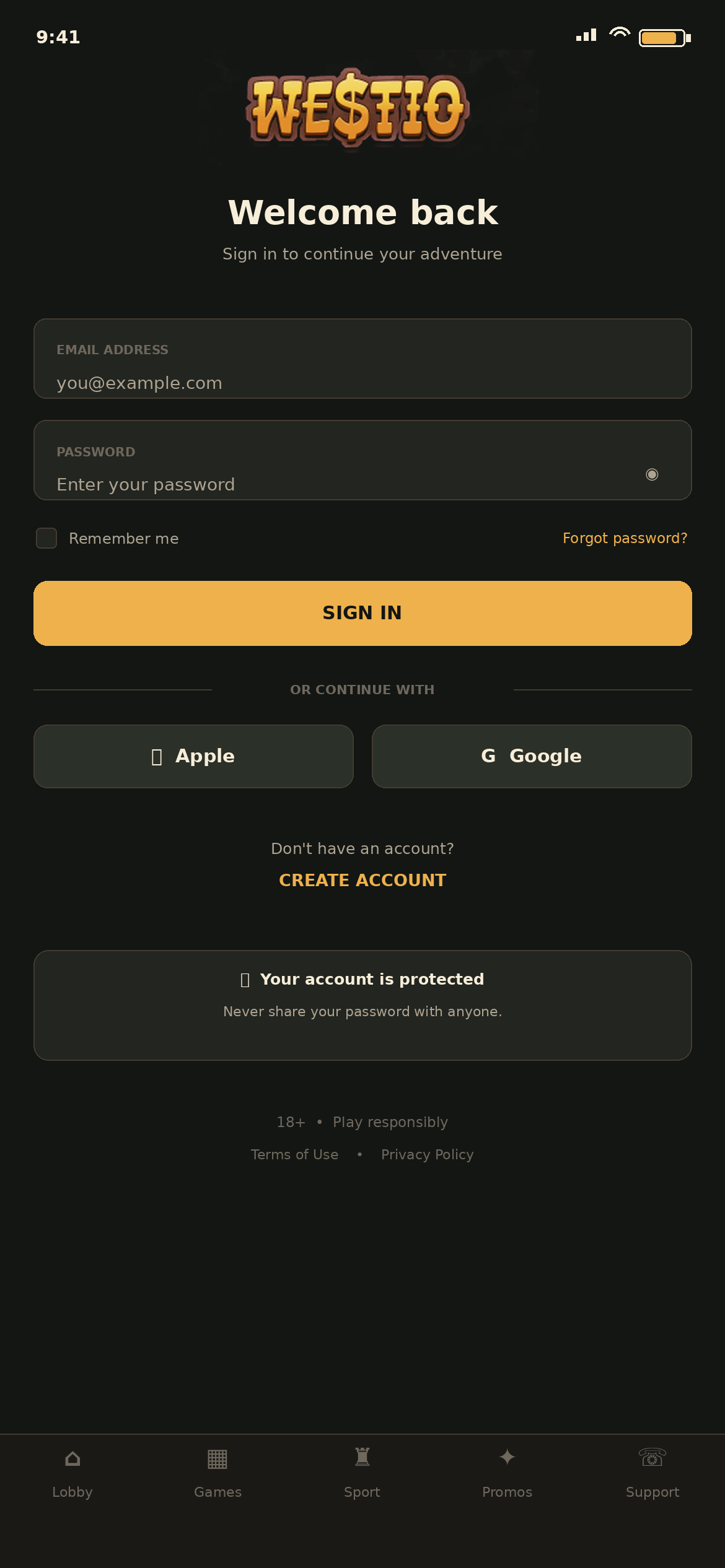 Westio sign-in screen with email and password fields, Remember me, SIGN IN and Apple and Google buttons