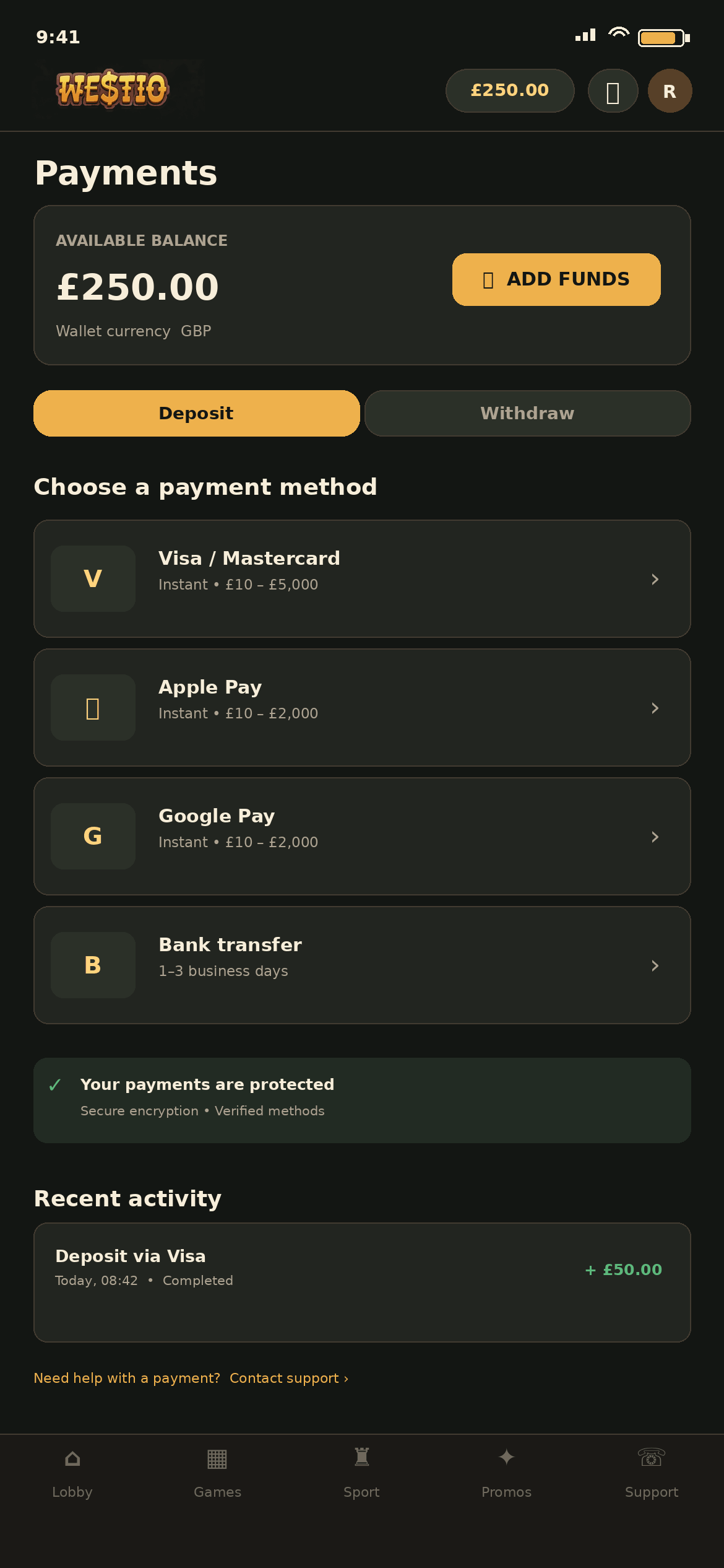 Westio wallet with a £250.00 balance in GBP and Visa, Mastercard, Apple Pay, Google Pay and bank transfer