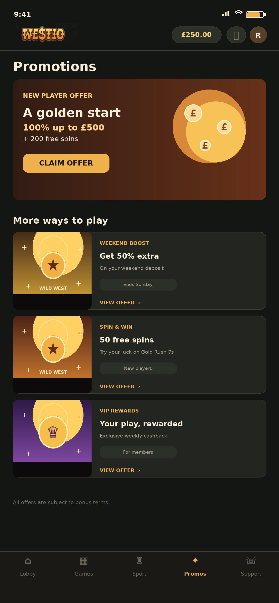 Westio Promotions screen with the A golden start offer, Weekend Boost, Spin and Win and VIP Rewards cards