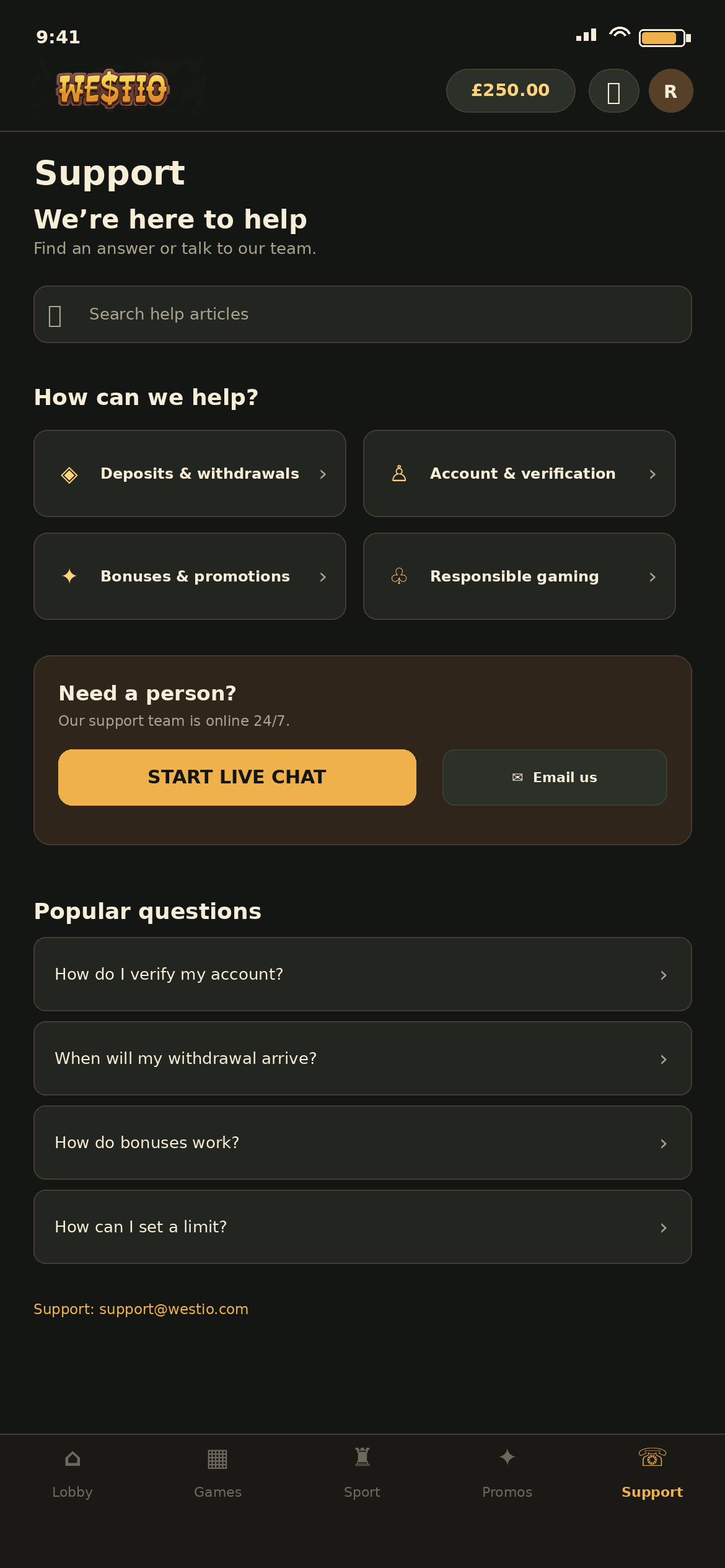 Westio Support screen with four help topics, a 24/7 live chat button and popular questions